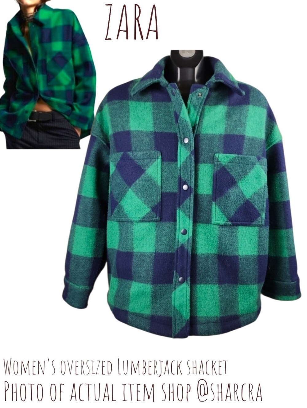 Zara Women oversized Lumberjack shacket plaid Long-sleeve Snap Top Green Blue S
